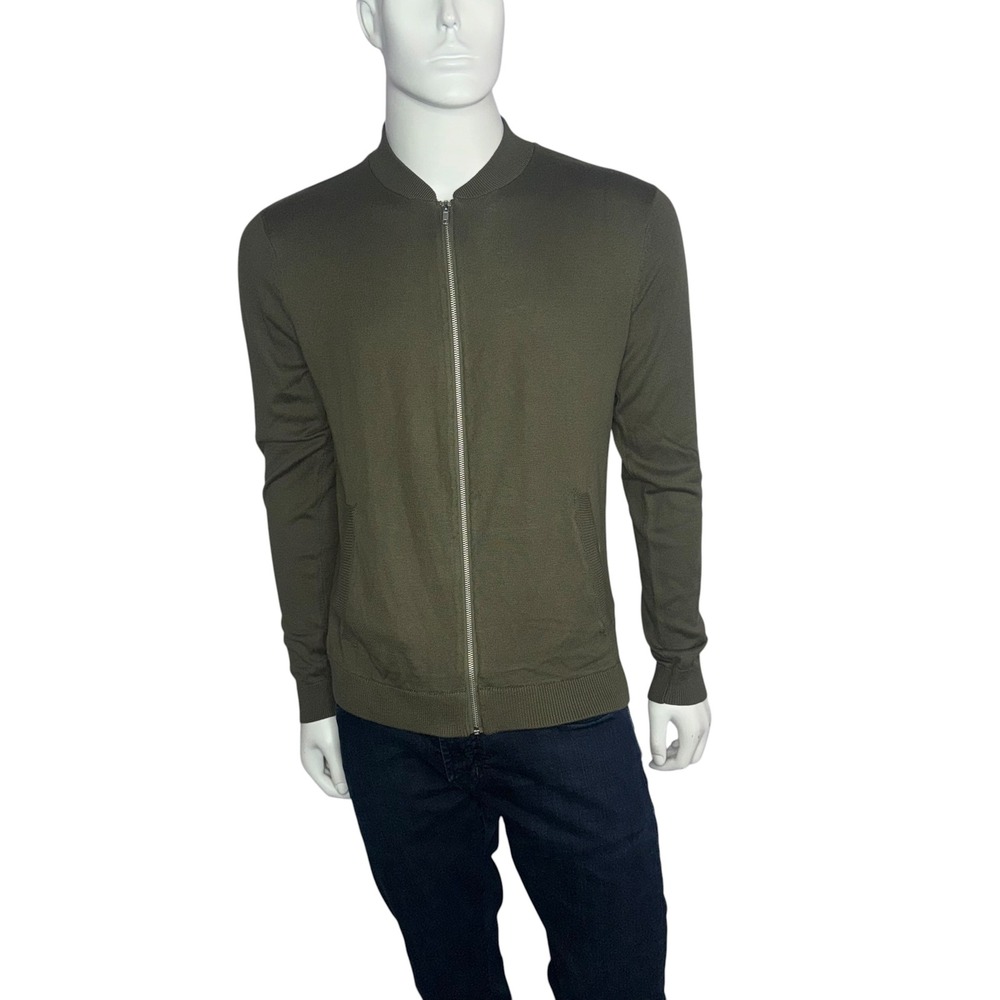 NWT Topman Mens Olive Green Knit Bomber Jacket Full Zip Sweater Khaki Large